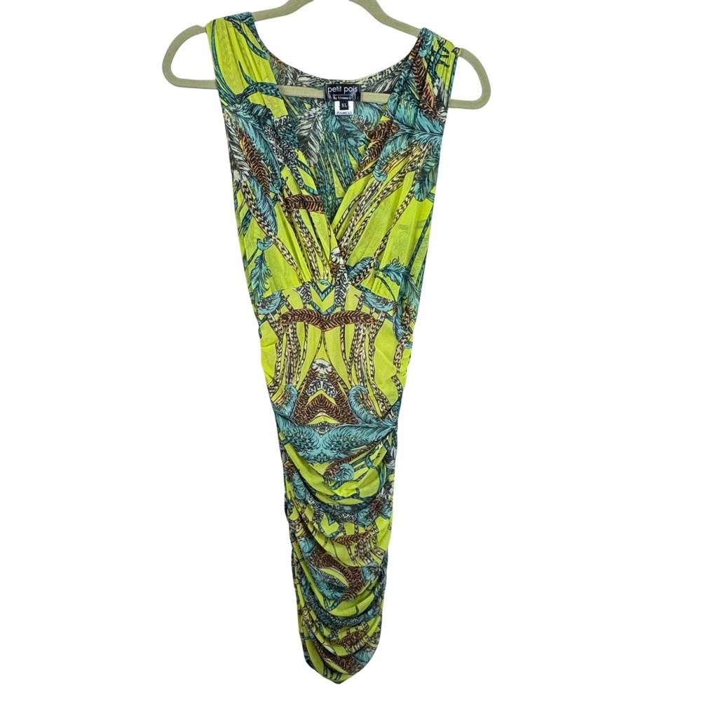 Petit Pois by Viviana G Womens XL Tropical Feather Mesh Ruched Bodycon Dress USA